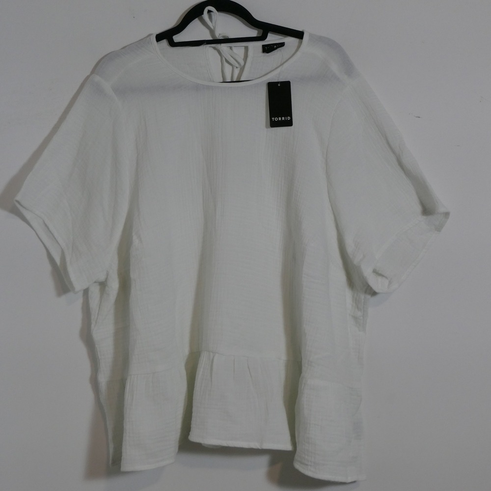 NEW Torrid Womens Double Cotton Back Tie Blouse 3X White Peplum Cottagecore Airy